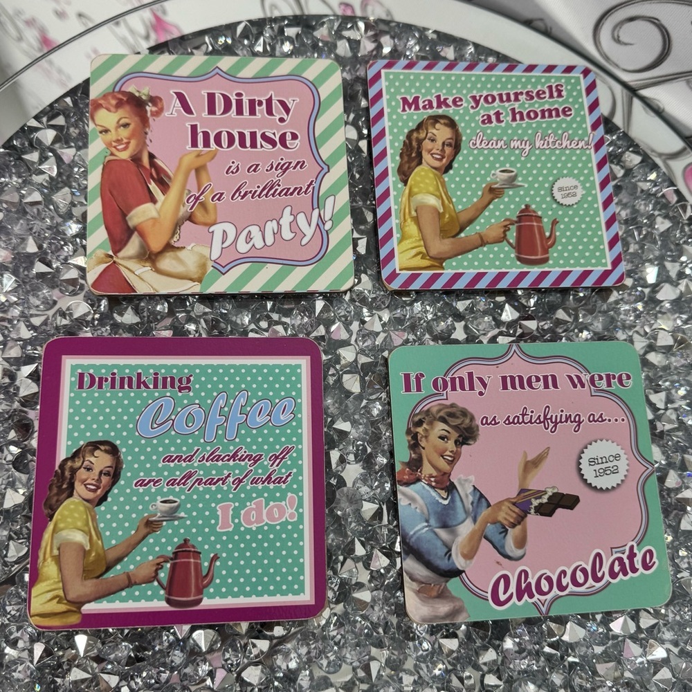 4 set coasters funny humour hilarious Retro Home Party Coasters Set - Multicolor